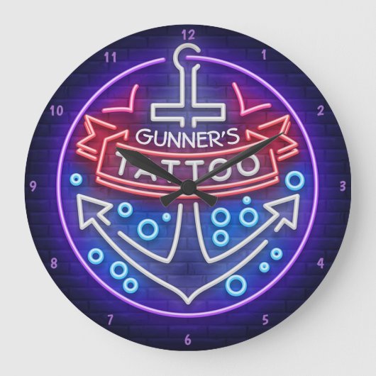 Personalisierter Tattoo Shop Nautic Neon Style Große Wanduhr (Vorderseite)