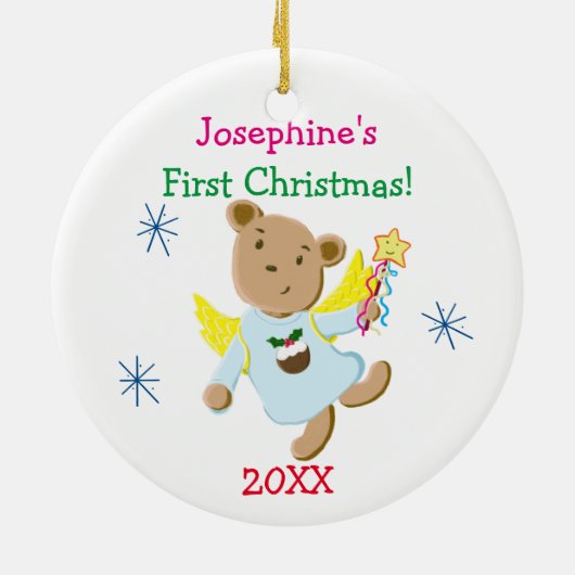 Personalisierter Teddy-Bärn-Engels-erstes Keramikornament (Hinten)