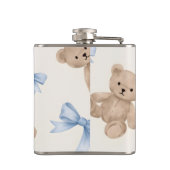 Personalisierter Teddybär & Blaues Schleifenmuster Flachmann (Rückseite)