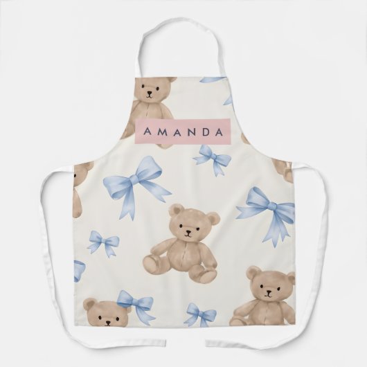 Personalisierter Teddybär & Blaues Schleifenmuster Schürze (Vorderseite)