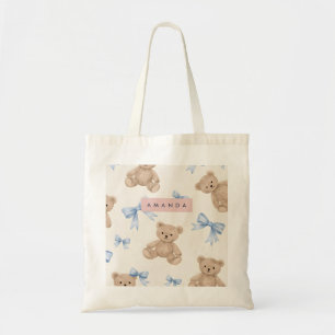 Personalisierter Teddybär & Blaues Schleifenmuster Tragetasche