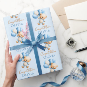 Personalisierter Teddybär Jungen-Baby-Party Geschenkpapier