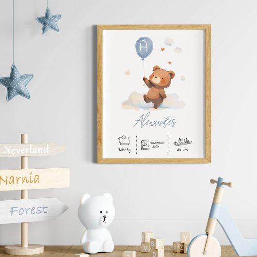 Personalisierter Teddybär mit Balloons-Kinderzimme Poster