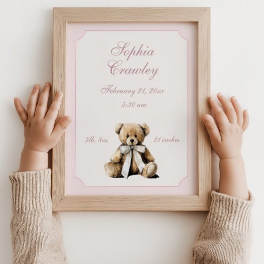 Personalisierter Teddybär Rosa Geburtsinfo-Poster Poster