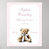 Personalisierter Teddybär Rosa Geburtsinfo-Poster Poster (Vorne)