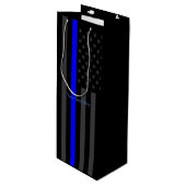 Personalisierter Text-dünne blaue Linie graue Geschenktüte Für Weinflaschen (Vorderseite Schrägansicht)