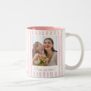 Personalisierter Text Foto Rosa Streifen Coquette  Zweifarbige Tasse