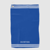 Personalisierter Text und drei Streifen auf Royal  Golfhandtuch (Vorderseite)