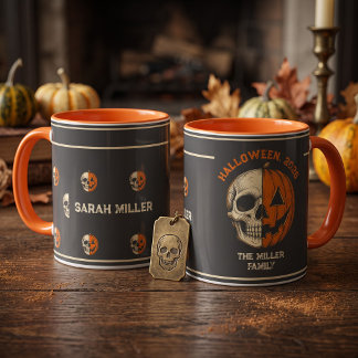 Personalisierter Totenkopf-Kürbis-Familienname Hal Tasse