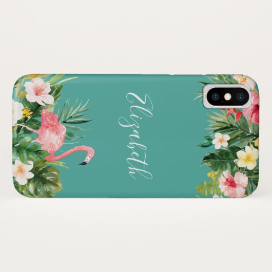 Personalisierter tropischer Blumenflamingo Case-Mate iPhone Hülle (Rückseite (Horizontal))