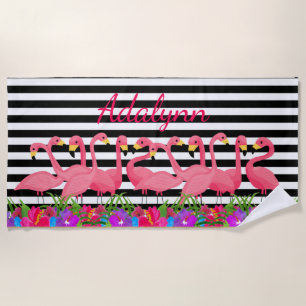 Personalisierter tropischer Flamingo und Streifen Strandtuch