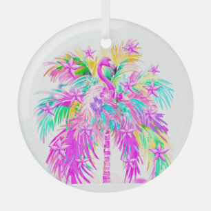Personalisierter tropischer Palmenbaum-Flamngo-Wei Ornament Aus Glas