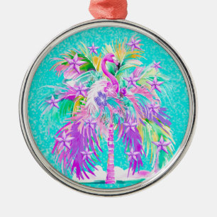 Personalisierter tropischer Palmenbaum Flamngo Wei Ornament Aus Metall