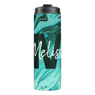 Personalisierter Türkis-Glitter-Marmor Thermosbecher