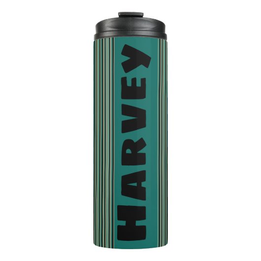 Personalisierter türkisfarbener Streifen Thermosbecher (Vorderseite)