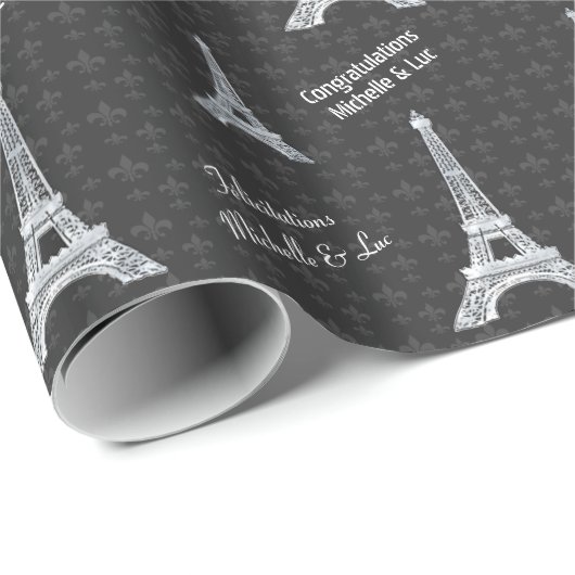 Personalisierter Turm Paris Eiffel auf Schwarzem Geschenkpapier (Rolleneckpunkt)