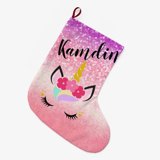 Personalisierter Unicorn Ombre Glitzer-Strumpf Großer Weihnachtsstrumpf (Vorderansicht (hängend))