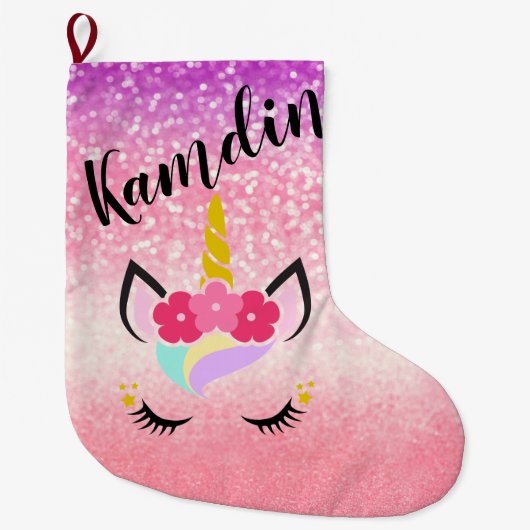Personalisierter Unicorn Ombre Glitzer-Strumpf Großer Weihnachtsstrumpf (Vorderseite)