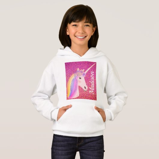 Personalisierter Unicorn Regenbogen Rosa Glitzer G Hoodie (Vorne ganz)