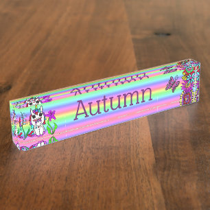 Personalisierter Unicorn, Schmetterling und Blumen Namensplakette