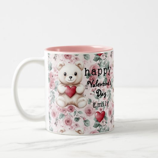 Personalisierter Valentinstag Teddybär und Rose Zweifarbige Tasse (Links)