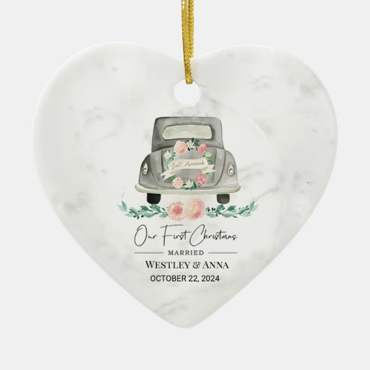 Personalisierter Verheirateter Ornament-Wagen Keramik Ornament (Vorne)