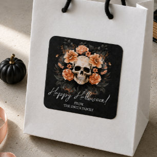 Personalisierter Vintage-Blumen-Schädel Quadratischer Aufkleber