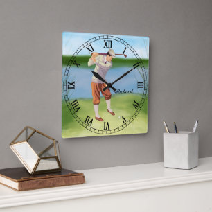Personalisierter Vintage-Golfer am Flussufer Quadratische Wanduhr