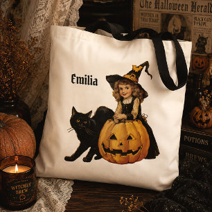 Personalisierter Vintage-Halloween-Hexe-Schwarze-K Tragetasche
