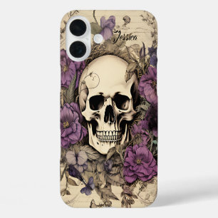 Personalisierter Vintage-Totenkopf und violette Bl iPhone 16 Plus Hülle