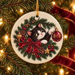 Personalisierter Vintage-Tuxedo-Katz Weihnachts-Sc Keramik Ornament