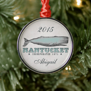 Personalisierter Vintage-Wal-Nantucket-MA-Schmuck Silbernes Ornament