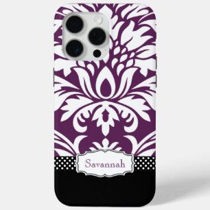 Personalisierter Vintager Eggplant Damask und Polk iPhone 15 Pro Max Hülle