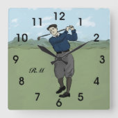 Personalisierter, Vintager Golfer, der seinen Clu Quadratische Wanduhr (Vorderseite)