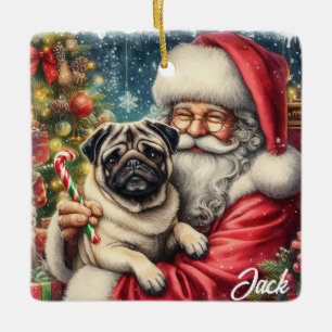 Personalisierter Vintager Mops mit dem Santa Keramikornament