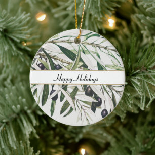 Personalisierter Vintager Olivenzweig - Happy Holi Keramik Ornament