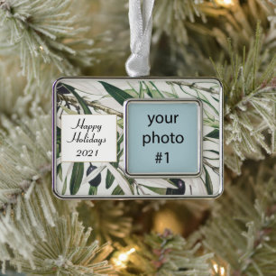 Personalisierter Vintager Olivenzweig - Happy Holi Rahmen-Ornament Silber