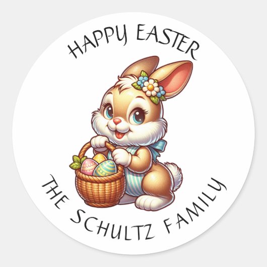 Personalisierter Vintager Osterhase und Korb Runder Aufkleber (Vorderseite)