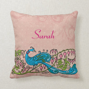 Personalisierter Vintager Pfau auf Rosa Kissen