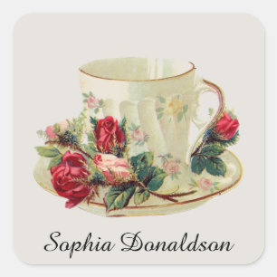 Personalisierter Vintager Teacup und Rose Aufklebe Quadratischer Aufkleber