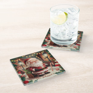 Personalisierter Vintager Weihnachtsmann Retro Wei Glasuntersetzer