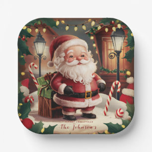 Personalisierter Vintager Weihnachtsmann Retro Wei Pappteller