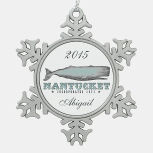 Personalisierter Vintager Whale Nantucket Massachu Schneeflocken Zinn-Ornament