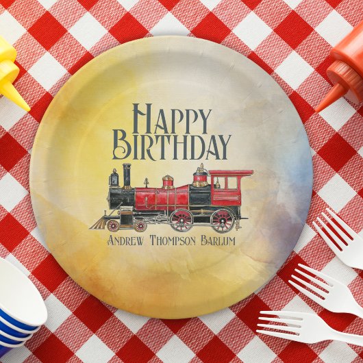 Personalisierter Vintager Zug Happy Geburtstag Pappteller