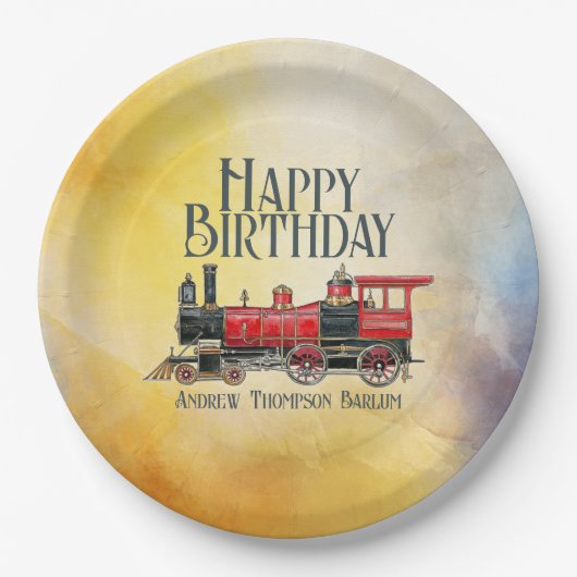 Personalisierter Vintager Zug Happy Geburtstag Pappteller (Vorderseite)