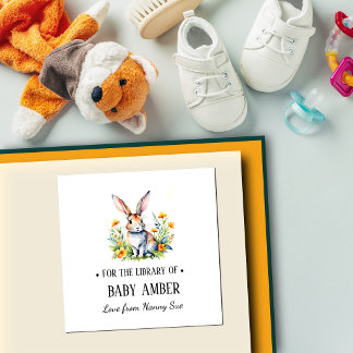 Personalisierter Wasserfarbe-Hasen-Baby-Exlibris-A Quadratischer Aufkleber