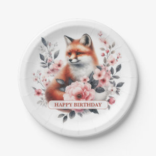 Personalisierter Wasserfarben-Blumen-Fuchs-Geburts Pappteller