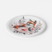 Personalisierter Wasserfarben-Blumen-Fuchs-Geburts Pappteller (Schrägansicht)