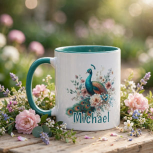 Personalisierter Wasserfarben-Pfau Tasse