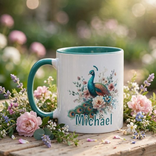 Personalisierter Wasserfarben-Pfau   Tasse